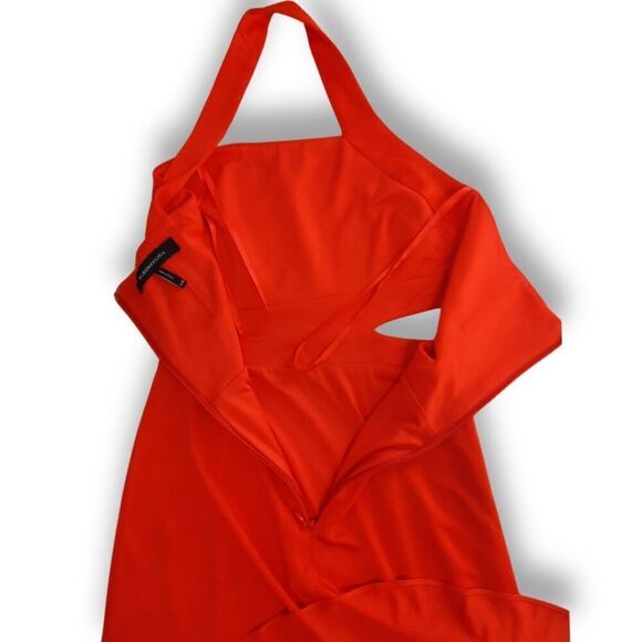 BCBG Max Azria Asymmetrical Bodycon Cutout Dress Red-Orange Shimmer Size XXS - Picture 12 of 16